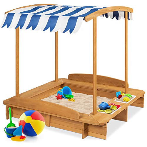 Best Choice Products Kids Wooden Cabana Sandbox Play Station for Children, Outdoor, Backyard w/ 2 Bench Seats, UV-Resistant Canopy Shade, Fabric Sandpit Cover, 2 Side Buckets - Natural