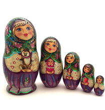 Load image into Gallery viewer, Unique Russian Nesting Dolls w/Teddybear Hand Carved Hand Painted 5 Piece Set 7.25&quot; Tall Girl with a Puppy

