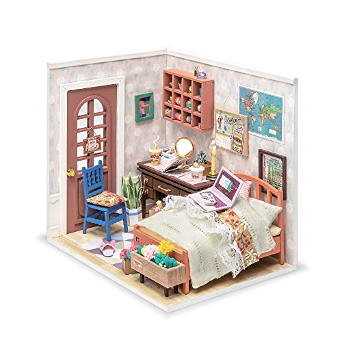 Hands Craft DIY Miniature Dollhouse Kit  Annes Bedroom 3D Model Wooden Furniture Tiny House Building with LED Lights Wood Pre Cut Pieces 1:24 Scale Puzzle for Teens and Adults DGM08