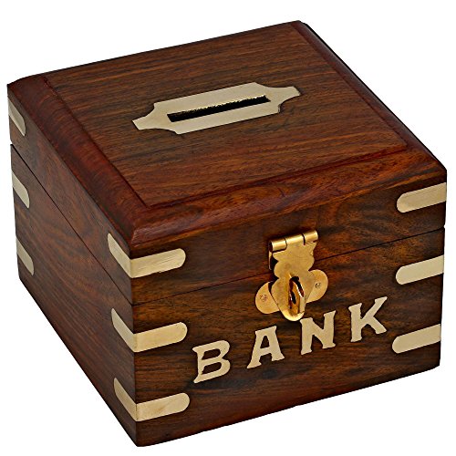 Ajuny Premium Wooden Collectibles Small Square Piggy Bank Gift for Boys and Girls Size 4x4x3 Inches