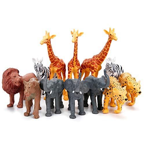 Jumbo Safari Animal Figurines Toys, 12 Piece African Jungle Zoo Animals Figures, Realistic Wild Plastic Animals Toy with Elephant, Giraffe, Lion Educational Playsets for Toddlers, Kids Birthday Set