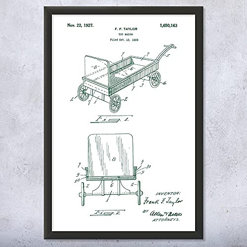 Patent Earth Framed Toy Wagon Print, Toy Collector Gift, Play Room Art, Vintage Toy Wagon, Toy Store Art, Toy Wagon Blueprint Green & White (11 inch x 14 inch)