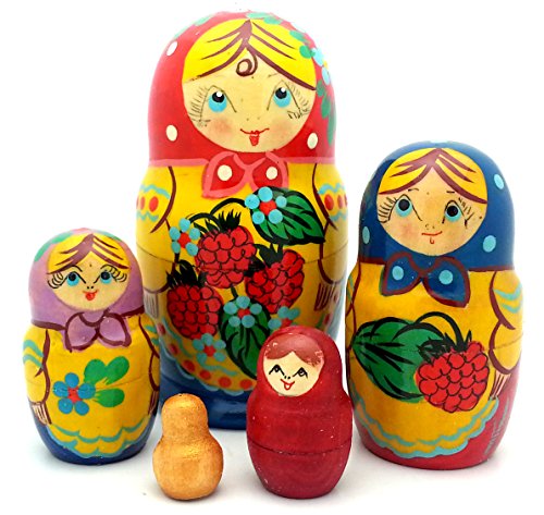 Russian Traditional Matryoshka with Strawberry Hand Painted Nesting Doll Set of 5 / 4