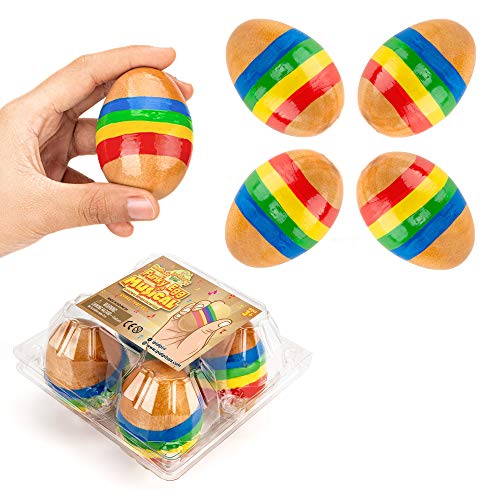 Funky Egg Musical Handmade Shakers Maracas for Kids 4 -Pack Natural, Wooden Percussion Instruments - Cut Easter Designs - Montessori Sound Making Shakers - Sensory for Girls, Boys - Basket Stuffers