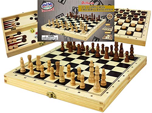 Matty's Toy Stop Deluxe 3-in-1 Chess, Checkers & Backgammon Foldable Travel Wooden Game Set