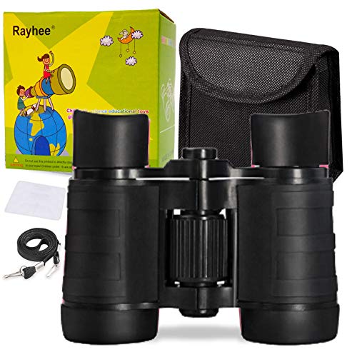Rayhee Rubber 4x30mm Toy Binoculars for Kids - Bird Watching - Educational Learning - Hunting - Hiking - Birthday Presents - Gifts for Children - Outdoor Play (Black)