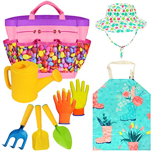 Gardening Tools Toy Set for Girls Boys with Beatiful Storage Bag, Watering Can, Gardening Gloves, Shovels, rake, Apron, Sun Hat kit for Children Kids Outdoor Play and Dress up Clothes Role Play