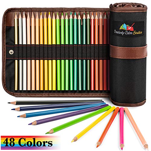 Creatively Calm Studios Premium 48 Color Pencil Set with Canvas Roll-Up Organizer Bag