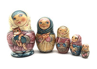 Unique One of The Kind Russian Nesting Dolls Girl with a Cat Hand Carved Hand Painted 5 Piece Set