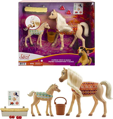 Mattel Spirit Untamed Cuddle Colt & Mama Playset (Horses Approx. 5-in & 8-in) & Feeding Accessories, Great Gift for Horse and Animal Lovers Ages 3 Years Old & Up