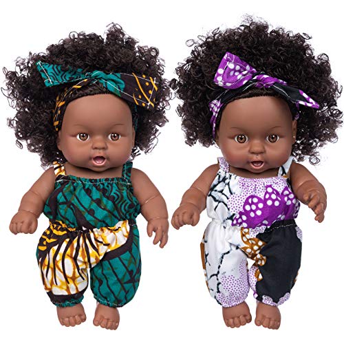 Ecore Fun 2 Pcs 8 Inch Black Baby Doll African Washable Realistic Silicone Baby Dolls with Clothes and Hairband
