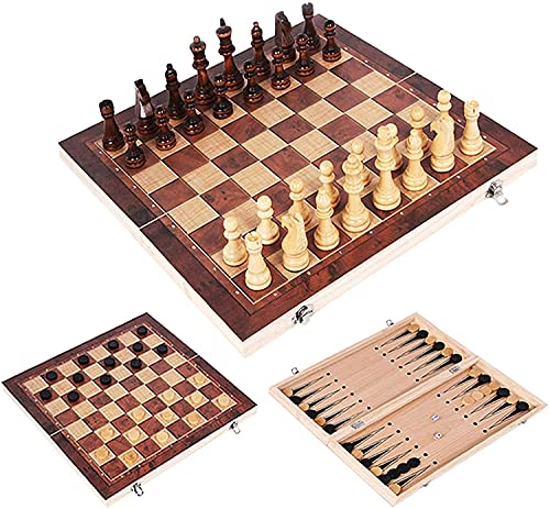 Riyyow 3 in 1 Wooden Folding Chess Set Entertainment International Chess Travel Draughts Set for Family Activities Travel Parent-Child Entertainment Toy (Size : 34 * 34cm)