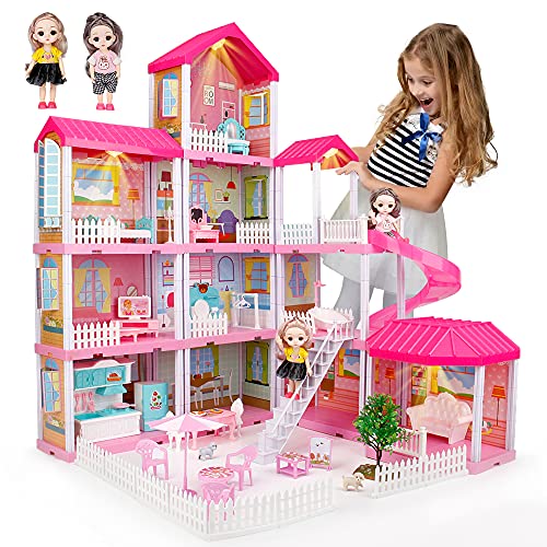 678 Doll House Kit,Dollhouse with Lights, Slide, Pets and Dolls, DIY Pretend Play Building Playset Toys with Asseccories and Furniture, Princess House for Toddlers, KidsBoy&Girl (11 Rooms)