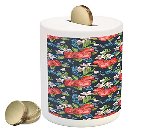 Ambesonne Floral Piggy Bank, Watercolor Bouquet of Flowers with Blueberries Green Leaves and Little Butterflies, Printed Ceramic Coin Bank Money Box for Cash Saving, Multicolor