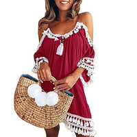 WYTong Women Short Sleeve Summer Loose Dress Cold Off Shoulder Tassel Mini Dress Beach Sundress(Red,M)