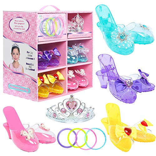 Toiijoy Girls Princess Dress up Shoes Role Play Collection Set with Princess Tiara and Bracelets for Little Girls