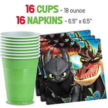 Load image into Gallery viewer, How To Train Your Dragon Party Supplies for 16 - Large Plates, Dessert Plates, Napkins, Masks, &quot;Happy Birthday&quot; Joint Banner, Table cover, Cups, Tattoos- Great Tableware Set w/ Hiccup, Astrid, Toothle
