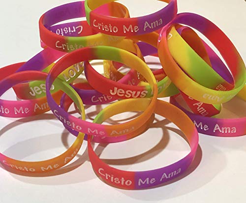 Spanish Youth Jesus Loves Me Christian Rubber Silicone Bracelets for Kids (50 Count)