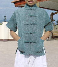 Load image into Gallery viewer, RaanPahMuang Childrens Formal Chinese Collar Short Sleeve Shirt Mixed Soft Cottons, 8-10 Years, Stonewashed - Teal Green

