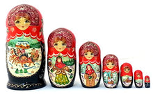 Load image into Gallery viewer, Russian Troika Horses Winter Village in Nesting Dolls Russian Hand Carved Hand Painted 7 Piece Set
