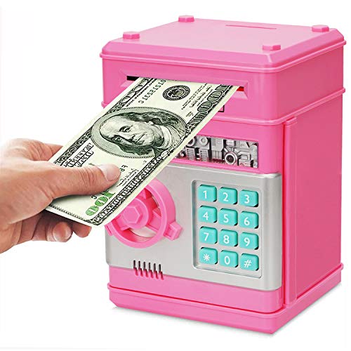 Adevena Electronic Piggy Bank, Mini ATM Password Money Bank Cash Coins Saving Box for Kids, Cartoon Safe Bank Box Perfect Toy Gifts for Boys Girls (Pink)