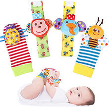 Load image into Gallery viewer, Tinabless Baby Wrist Rattle Foot Finder Socks Set for Christmas Stocking Stuffers, X-mas Gifts for Kids, Cute Animal Soft Baby Socks Toys Set 4 pcs
