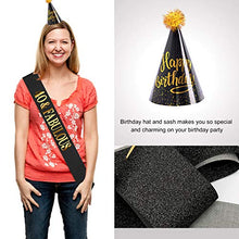 Load image into Gallery viewer, 40th Birthday Decorations for Women Or Men Black &amp; Gold, 40 Birthday Party Supplies Gifts for Her Him Including Happy Birthday Banner, Fringe Curtain, Tablecloth, Photo Props, Foil Balloons, Sash
