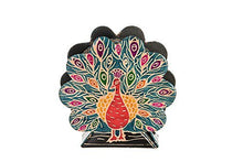 Load image into Gallery viewer, Tzedakah Charity box Handmade of Tooled Leather. The Peacook is beautiful saturated with color and rich design. Size 5.00 inch high. 4.75 inch long and 1.5 inch wide.
