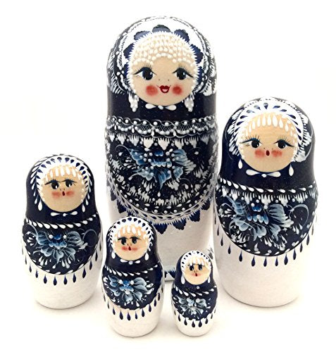 BuyRussianGifts Russian Nesting Doll Matryoshka Gzhel Style Hand Painted Nesting Doll Set of 5