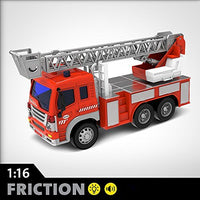 FMT 1:16 Friction Powered Toy Fire Engine Rescue Truck With Lights & Sound Push & Go Friction Truck Toy For Boys & Girls