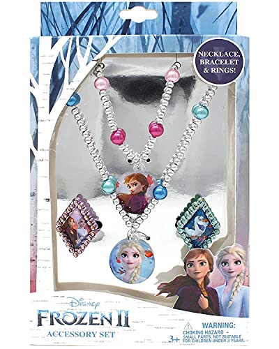 Frozen 2 Girls 4 Piece Costume Toy Jewelry Box Set with Silver Rings, Bead Bracelet and Necklace