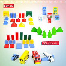 Load image into Gallery viewer, Kidzlane Wooden City Building Blocks - 50 Pc Wood Block Variety Set with Vehicles, Houses &amp; Trees in Storage Bucket - Brightly Painted, Safe &amp; Non-Toxic for Toddlers &amp; Kids Ages 3+
