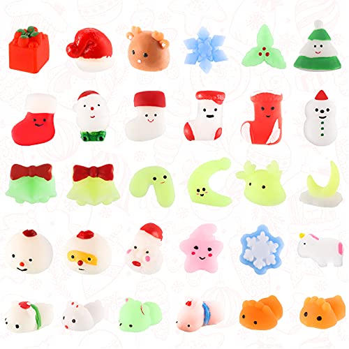 30 Pieces Christmas Cute Squishy Christmas Toys Xmas Mini Mochi Squishy Party Favors for Christmas Party Favors Goody Bag Fillers Stocking Stuffers Class Prizes