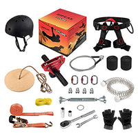 ZIPEAK Zipline for Kids and Adult, Zipline Kits for Backyard with Spring Brake, Cable Tensioning Kit, 2 Tree Protectors, Wooden Seat and Full Set of Zip line Accessories(Without Main Cable) (Red)