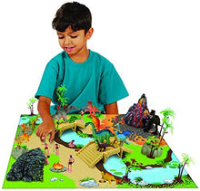Load image into Gallery viewer, Prehistoric Playset, 100 Pieces - Jurassic Dinosaurs and Cave Men - Mini Dino Figure Bundle Kit with Play Mat, Storage Container, Volcano, Bridges, Plants &amp; Educational Booklet - Toys &amp; Games for Kids
