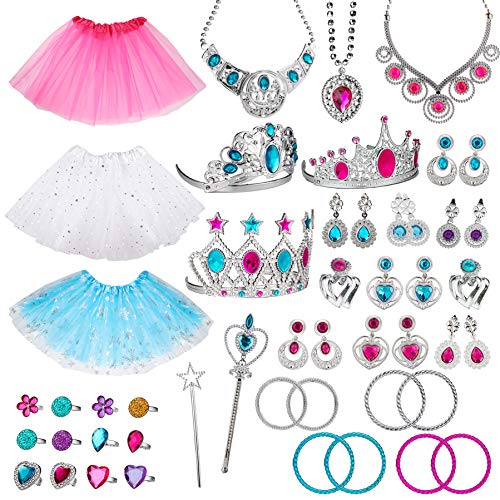 WATINC 51Pcs Princess Jewelry Toy Pretend Play Set Ballet Tutu Skirts of Stars Snowflake for Little Girls Crowns Necklaces Adjustable Jewel Rings Earrings Bracelets Wands Dress Up Accessories for Kids