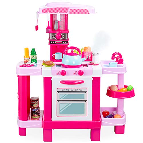 Best Choice Products Pretend Play Kitchen Toy Set for Kids with Water Vapor Teapot, 34 Accessories, Sounds, Realistic Design, Utensils, Oven, Food, Sink - Pink
