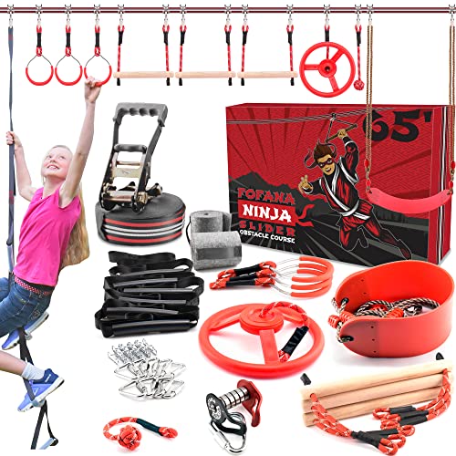 Fofana Ninja Warrior Obstacle Course for Kids  45-Piece Backyard Playset Ages 8+, 11 Fun Training Obstacles, 65 Ft Slackline Kit Accessories - Zip Lines for Kids and Adults, Outside Ninja Kids Toys