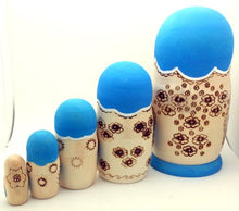 Load image into Gallery viewer, BuyRussianGifts Russian Church in Blue Wood Burned Hand Carved Hand Painted Nesting 5 Piece Doll Set / 7&quot; Tall
