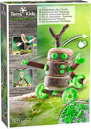 HABA Terra Kids Connectors Backyard Craft Kit Technology - 66 Piece Set with Plastic Connectors, Cork & Hand Drill - Add Wood from Nature - Ages 8+