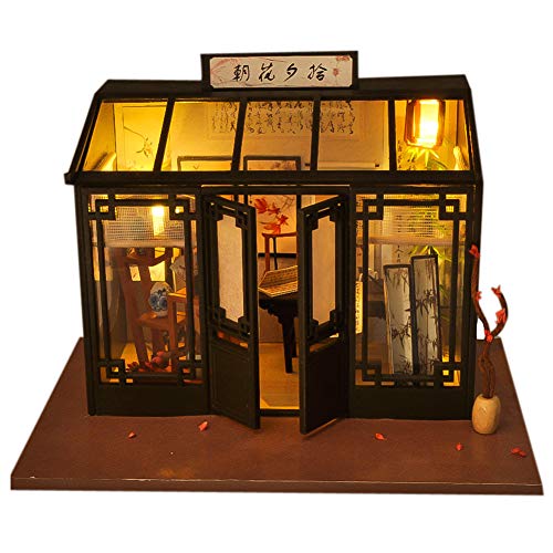 ZQWE Chinese Antique Calligraphy and Painting Shop Wooden Dollhouse DIY Creative Miniature Doll House Kit Christmas Birthday Present with LED Lights