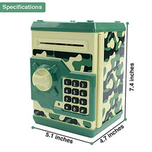 Load image into Gallery viewer, Elemusi Cartoon Electronic Password Mini ATM Piggy Bank Cash Coin Can Auto Scroll Paper Money Saving Box, for Children Kids (Camouflage Green)
