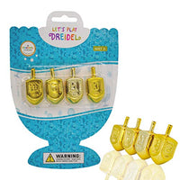 The Dreidel Company Hanukkah Plastic Gold Metallic Dreidels with Letters & English Transliteration - 4-Pack Blister
