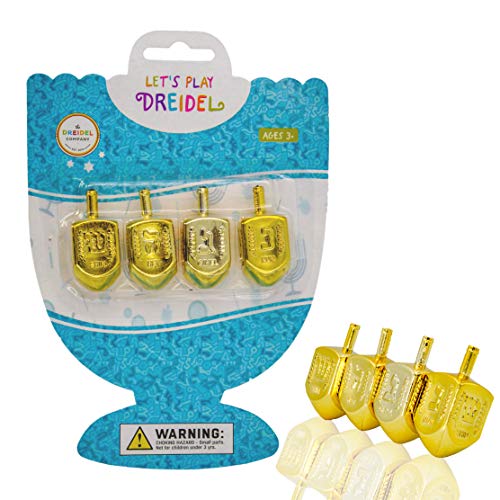 The Dreidel Company Hanukkah Plastic Gold Metallic Dreidels with Letters & English Transliteration - 4-Pack Blister