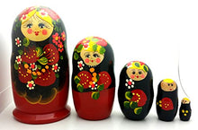 Load image into Gallery viewer, BuyRussianGifts Red with Strawberry Russian Nesting Doll Traditional Hand Carved Hand Painted 5 Piece Doll Set 4.5&quot; Tall
