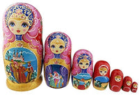 Winterworm Beautiful Pink and Gold Little Girl and Fairy Tale Pattern Handmade Wooden Traditional Russian Nesting Dolls Matryoshka Dolls Set 7 Pieces for Kids Toy Birthday Home Decoration