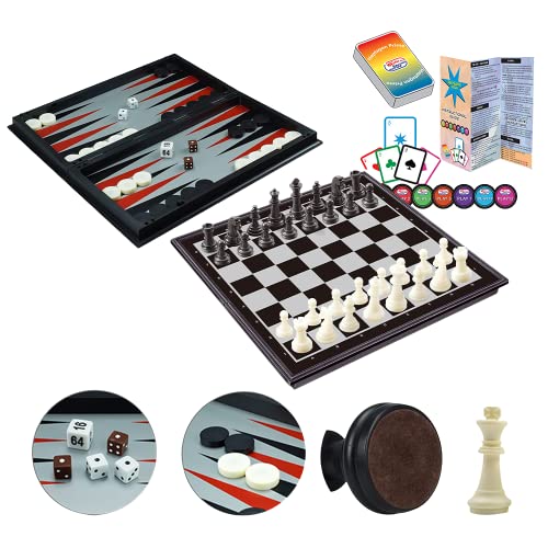 4 in 1 Chess Checkers Backgammon Set Plus Bonus Strategy Card Game. Magnetic Chess Travel Magnet Chess with Folding Case 14.2 inches
