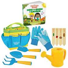 Load image into Gallery viewer, Kids Gardening Tools - Includes Sturdy Tote Bag, Watering Can, Gloves, Shovels, Rake, Stakes a Delightful Children&#39;s Book How to Garden Tale - Kids Garden Tool Set -Easter Gifts for Toddler Age on up.
