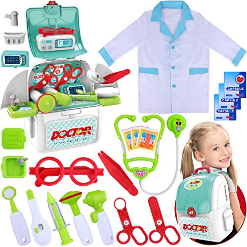 GINMIC Toy Doctor Kit for Kids, 22 Pieces Toddlers Pretend Play Doctor Set with Roleplay Doctor Costume and Extra Large Medical Backpack, Medical Dr Kits for Boys Girls Age 3 4 5 6 7 Years Old Gift