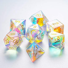 Load image into Gallery viewer, Prismatic Glass 7 Pieces D&amp;D Gemstone Dice Set DND Polyhedarl Dice Set with Velvet Dice Bag for Dungeons and Dragons RPG Games
